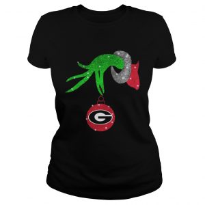 Grinch hand holding Georgia Bulldogs Glitter Christmas Ladies Tee