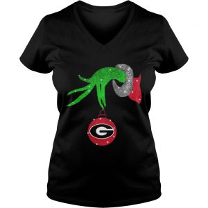 Grinch hand holding Georgia Bulldogs Glitter Christmas Vneck