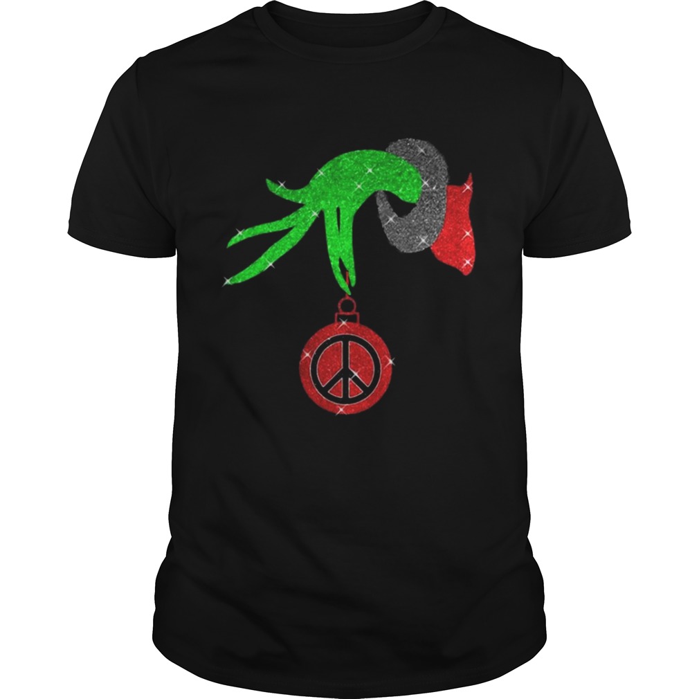 Grinch hand holding Hippie peace ornament Christmas shirt