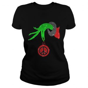 Grinch hand holding Hippie peace ornament Christmas Ladies Tee