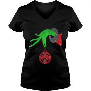 Grinch hand holding Hippie peace ornament Christmas Vneck