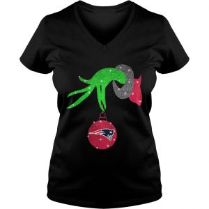 Grinch hand holding New England Patriots Christmas Vneck