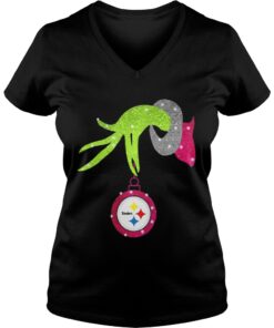 Grinch hand holding Pittsburgh Steelers ornament Vneck