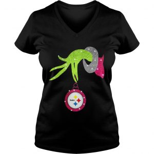 Grinch hand holding Pittsburgh Steelers ornament Vneck