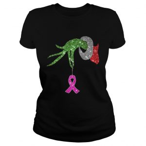 Grinch hand holdings Breast Cancer ornament Ladies Tee