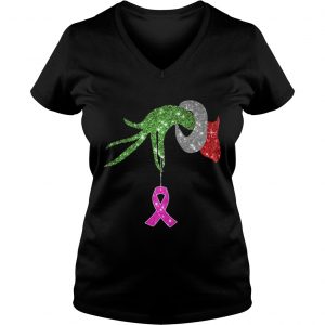 Grinch hand holdings Breast Cancer ornament Vneck