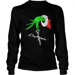 Grinch hand holds scissor hairstylist Christmas Longsleeve Tee