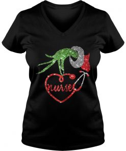 Nurse Grinch hand holding stethoscope Christmas Vneck