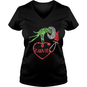 Nurse Grinch hand holding stethoscope Christmas Vneck