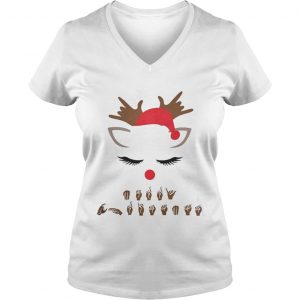 Sign language Deaf merry Christmas reindeer Vneck