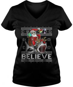 Believe in Santa Riding Shark Christmas Ugly Vneck