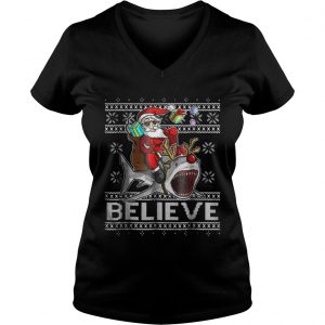 Believe in Santa Riding Shark Christmas Ugly Vneck