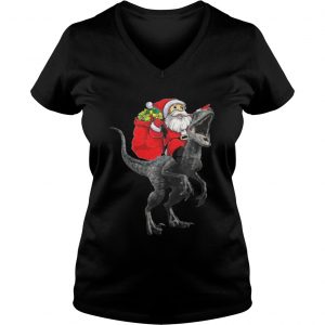 Christmas Santa Riding A Velociraptor Blue Vneck - Copy
