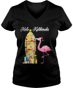 Hawaii Mele Kalikimaka Flamingo Hawaiian Christmas Vneck