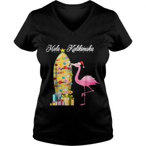 Hawaii Mele Kalikimaka Flamingo Hawaiian Christmas Vneck