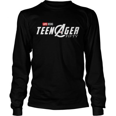 Marvel Avengers Endgame Life Begins Teen Ager fifty Avengers Longsleeve Tee
