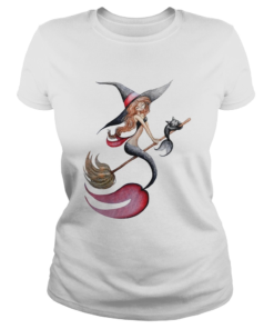 Halloween witch mermaid is riding a broom with her cat  Classic Ladies