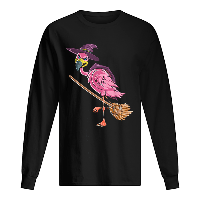 Halloween Flamingo Witch Scary Party Funny Broom Gift Long Sleeved T-shirt 