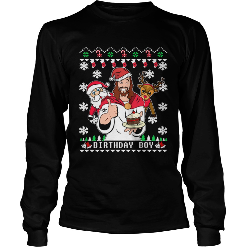 1573719664Birthday Jesus Santa And Reindeer Ugly Christmas LongSleeve