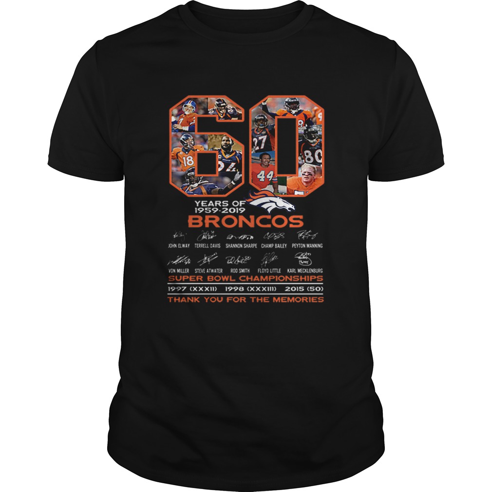 60 years of 19592019 Denver Broncos signatures Super Bowl Championships shirt