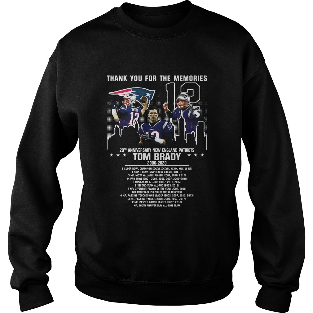 12 Tom Brady 20th Anniversary New England Patriots 2000 2020 Patriots Thank You For The Memories sh Sweatshirt