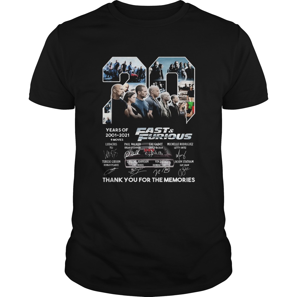 20 years of 2001 2021 9 movies fast and furious thank you for the memories signatures shirt