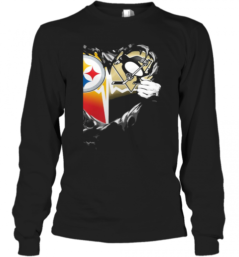 Blood Inside Pittsburgh Steelers Vs Pittsburgh Penguins Heart T-Shirt Long Sleeved T-shirt 