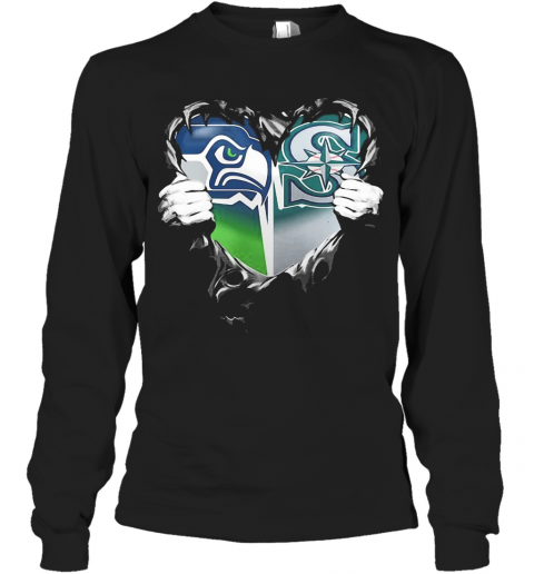 Blood Inside Seattle Seahawks And Seattle Mariners Heart T-Shirt Long Sleeved T-shirt 