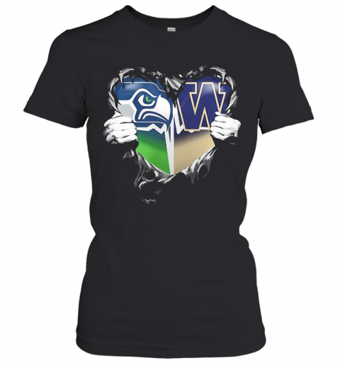 Blood Inside Seattle Seahawks And Washington Huskies Heart T-Shirt Classic Women's T-shirt