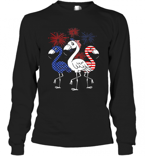 Flamingo American Flag Veteran Independence Day T-Shirt Long Sleeved T-shirt 