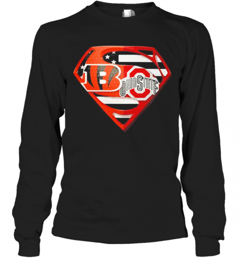 Superhero cincinnati bengals and ohio state buckeyes diamond american flag independence day T-Shirt Long Sleeved T-shirt 