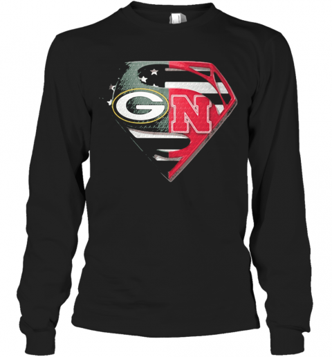 Superhero green bay packers and nebraska cornhuskers diamond american flag independence day T-Shirt Long Sleeved T-shirt 