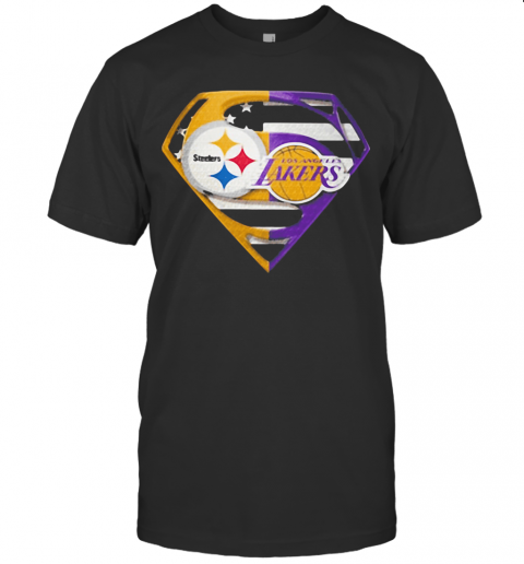 Superhero pittsburgh steelers and los angeles lakers diamond american flag independence day shirt T-Shirt