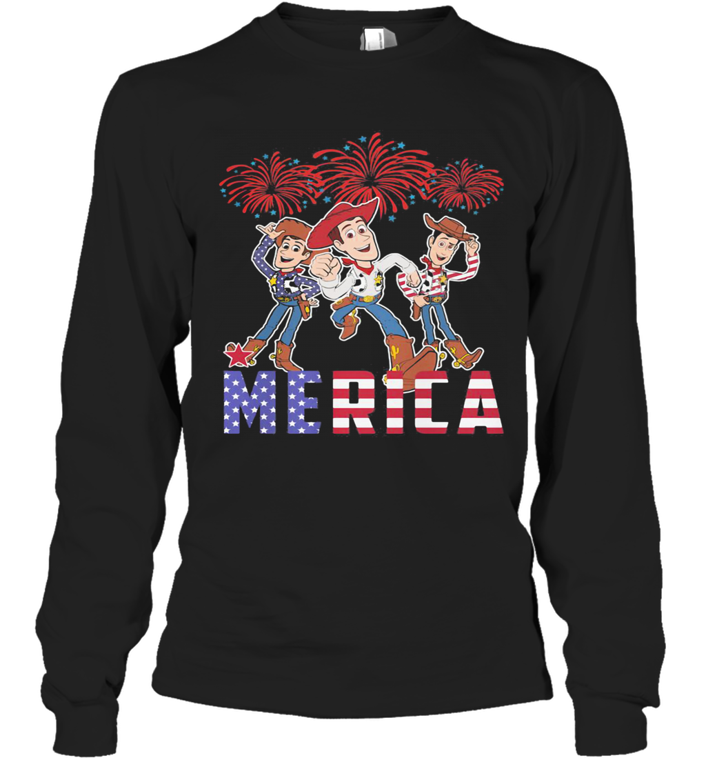 Disney Pixar Toy Woody Merica Firework American Flag Independence Day T-Shirt Long Sleeved T-shirt 