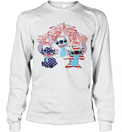 Stitch Firework American Flag Independence Day T-Shirt Long Sleeved T-shirt 