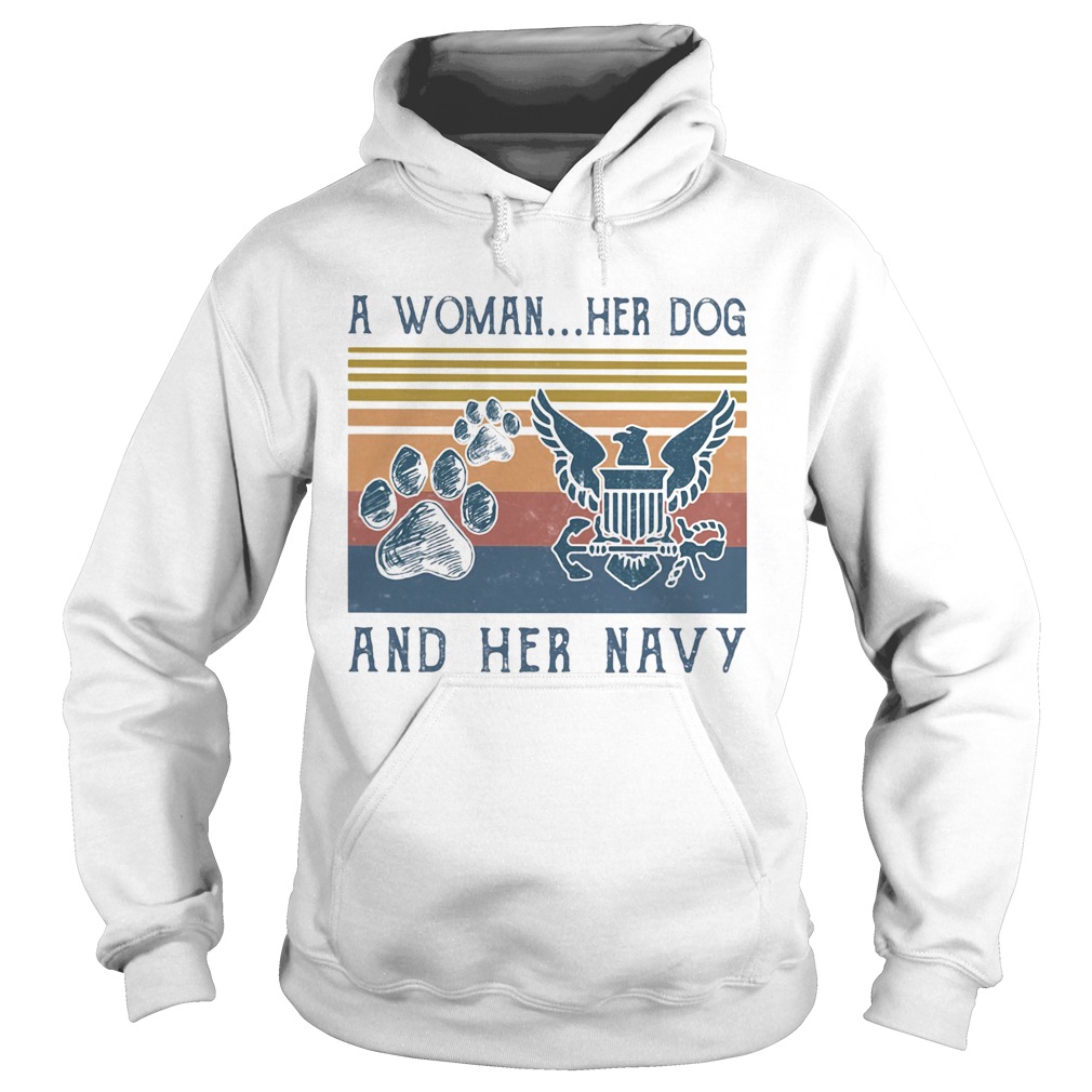 A woman her dog paw and her navy vintage retro Hoodie
