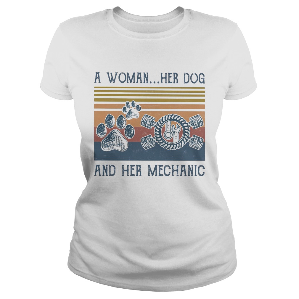 A woman her paw dog and her mechanic vintage retro Classic Ladies