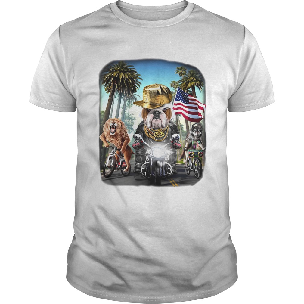 English bulldog riding motorcycle on california boulevard shirt