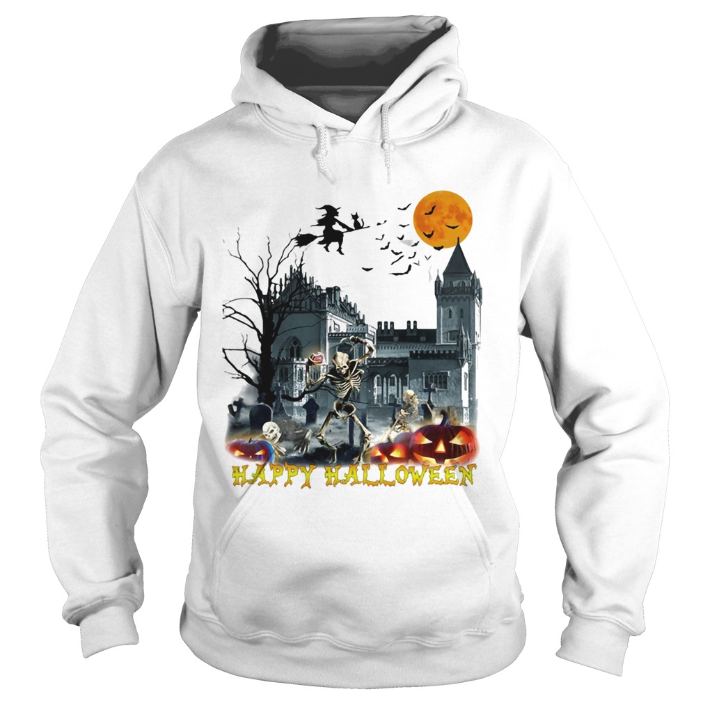 Happy Hlloween Bone Witch Bird Old Building Pumpkin Sun Black Hoodie
