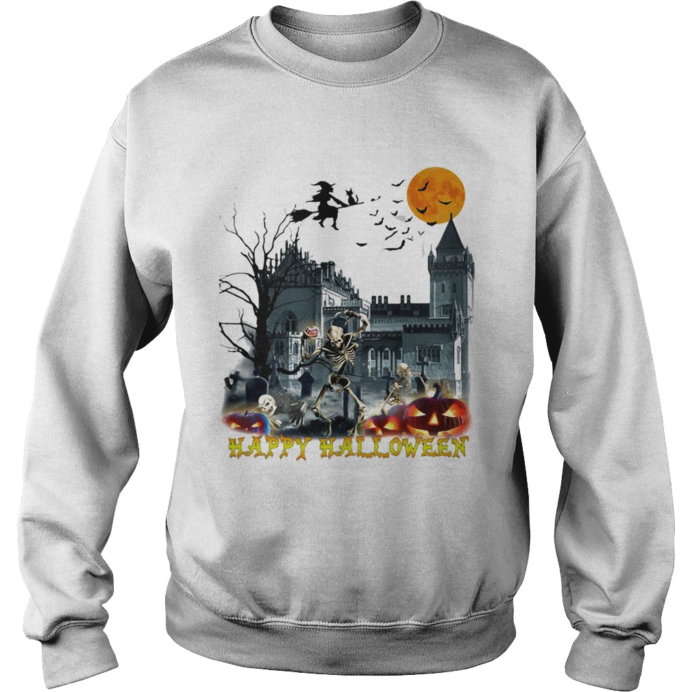 Happy Hlloween Bone Witch Bird Old Building Pumpkin Sun Black Sweatshirt