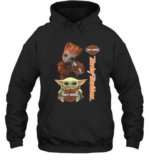 Baby Groot And Baby Yoda Hug Harley Davidson T-Shirt Unisex Hoodie