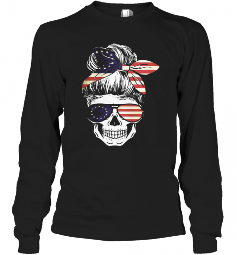 Betsy Ross Skull Headband And Glasses American Flag T-Shirt Long Sleeved T-shirt 