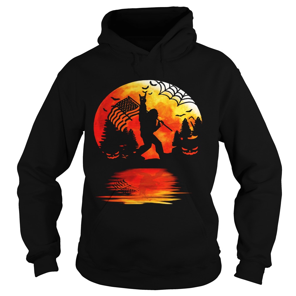 Bigfoot Holding American Flag Moon Halloween Hoodie