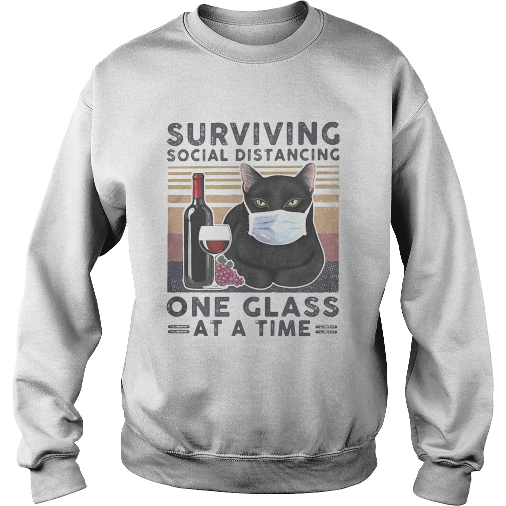 Black Cat Face Mask Wine Surviving social distancing one glass at a time vintage retro Sweatshirt