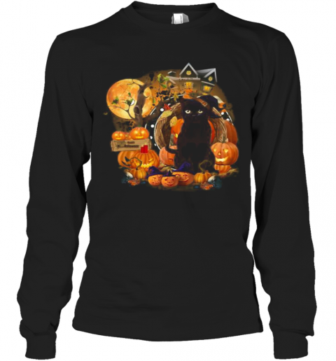Black Cat Witch Pumpkin Witch Halloween T-Shirt Long Sleeved T-shirt 