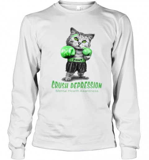 Cat Boxing Fight Crush Depression Mental Health Awareness T-Shirt Long Sleeved T-shirt 