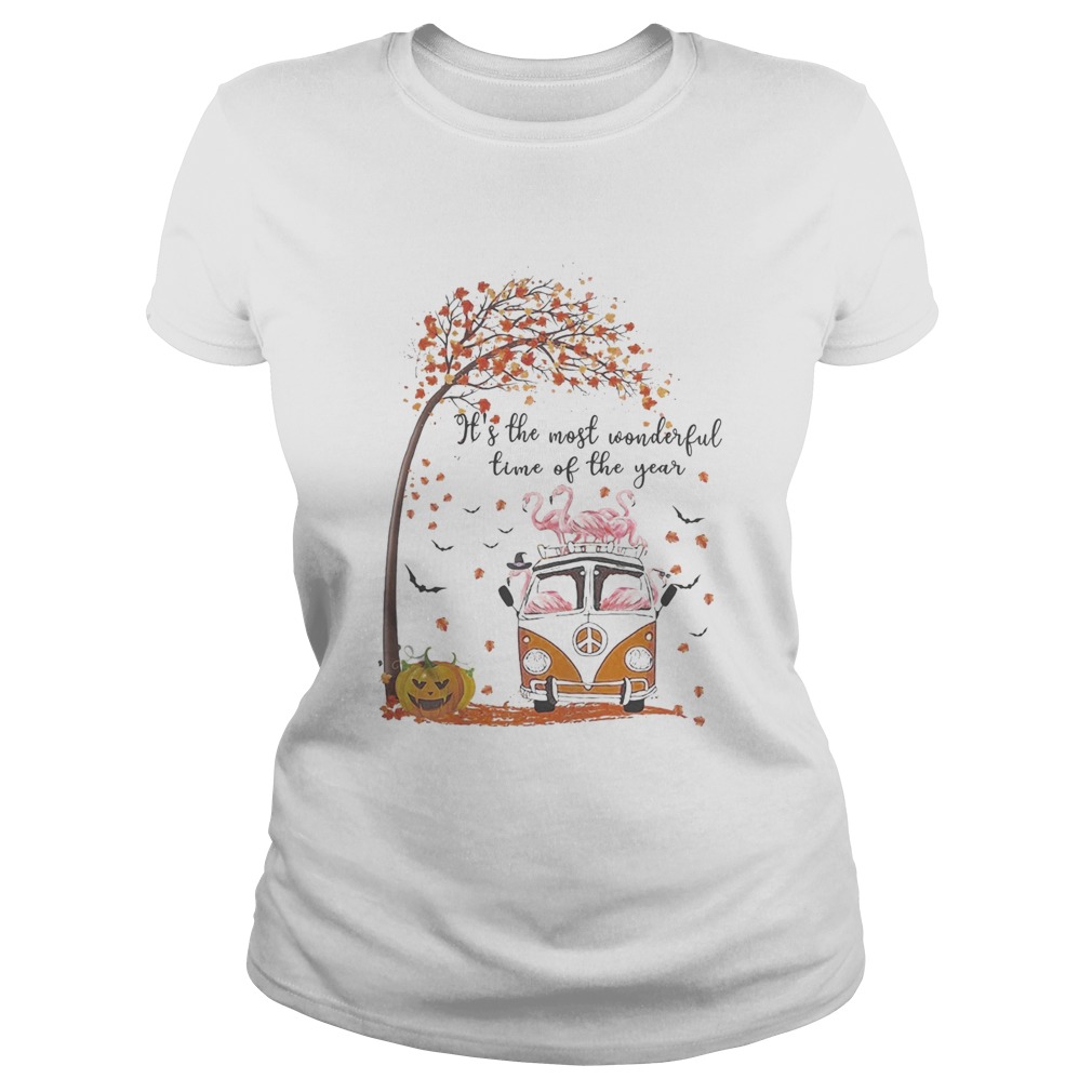 Flamingo riding peace bus its the most wonderful time of the year leaves tree Classic Ladies