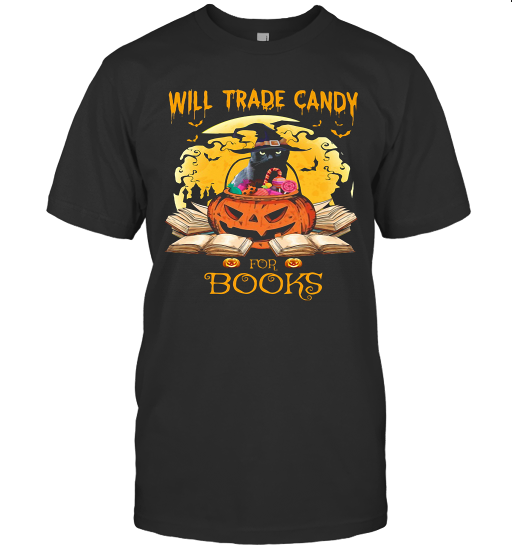 Halloween Cat Witch Will Trade Candy For Books Moon T-Shirt