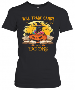 Halloween Cat Witch Will Trade Candy For Books Moon T-Shirt Classic Women's T-shirt