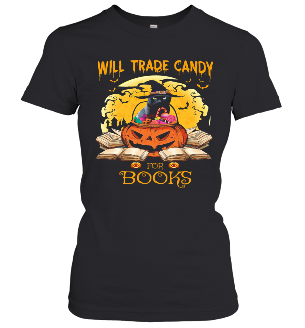 Halloween Cat Witch Will Trade Candy For Books Moon T-Shirt Classic Women's T-shirt